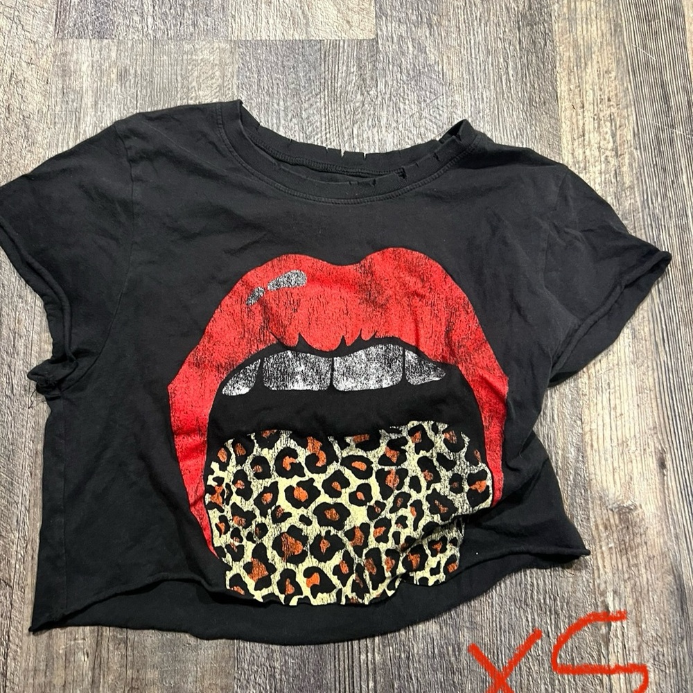 Prince Peter Black Graphic Tee with Red Lips and Leopard Print